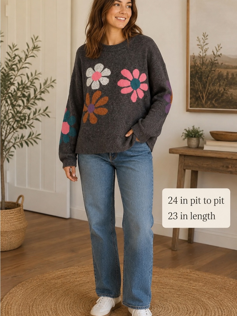 Natural Life Women’s Small Gray Multicolor Flower Intarsia Sweater Boho